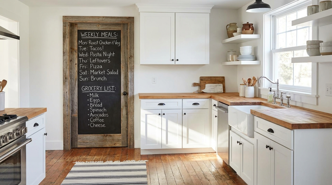 15 Genius Pantry Organization Ideas for a Chef-Ready Kitchen Small bright kitchen with a chalkboard pantry door listing weekly meals and grocery list