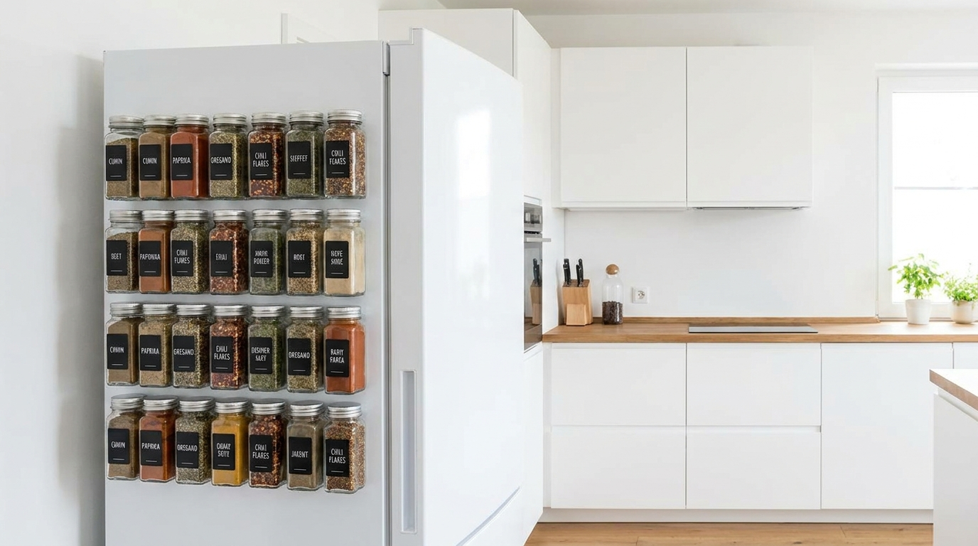 15 Genius Pantry Organization Ideas for a Chef-Ready Kitchen Magnetic spice jars attached to the side of a white refrigerator in a clean kitchen