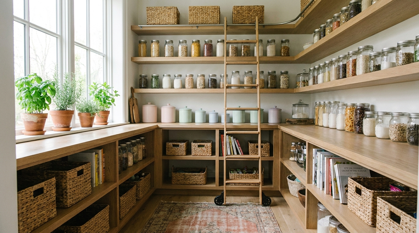 15 Genius Pantry Organization Ideas for a Chef-Ready Kitchen Open shelving kitchen pantry with color coordinated dry goods and pastel jars