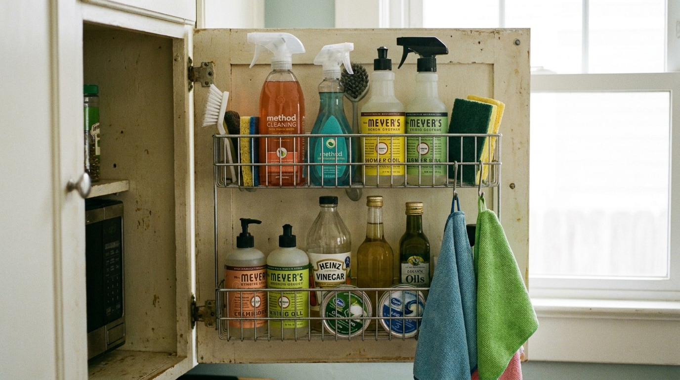 Kitchen cabinet door with hanging wire rack storing cleaning supplies and bottles
