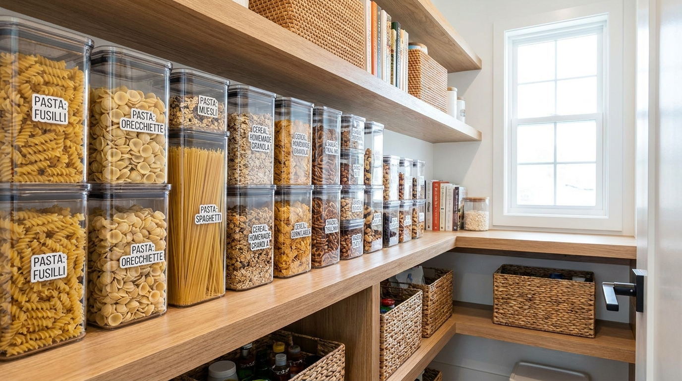 Stackable clear acrylic food storage containers in a kitchen pantry, labeled