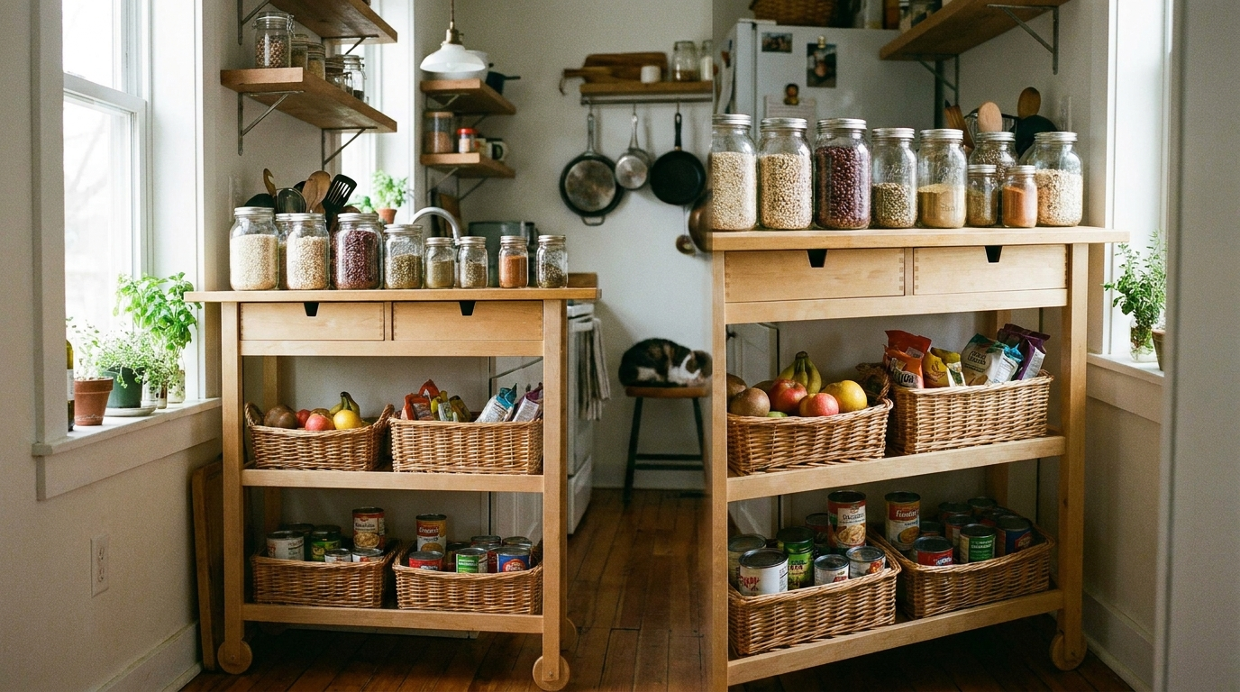 Three tier rolling kitchen cart used as mobile pantry storage with jars and baskets