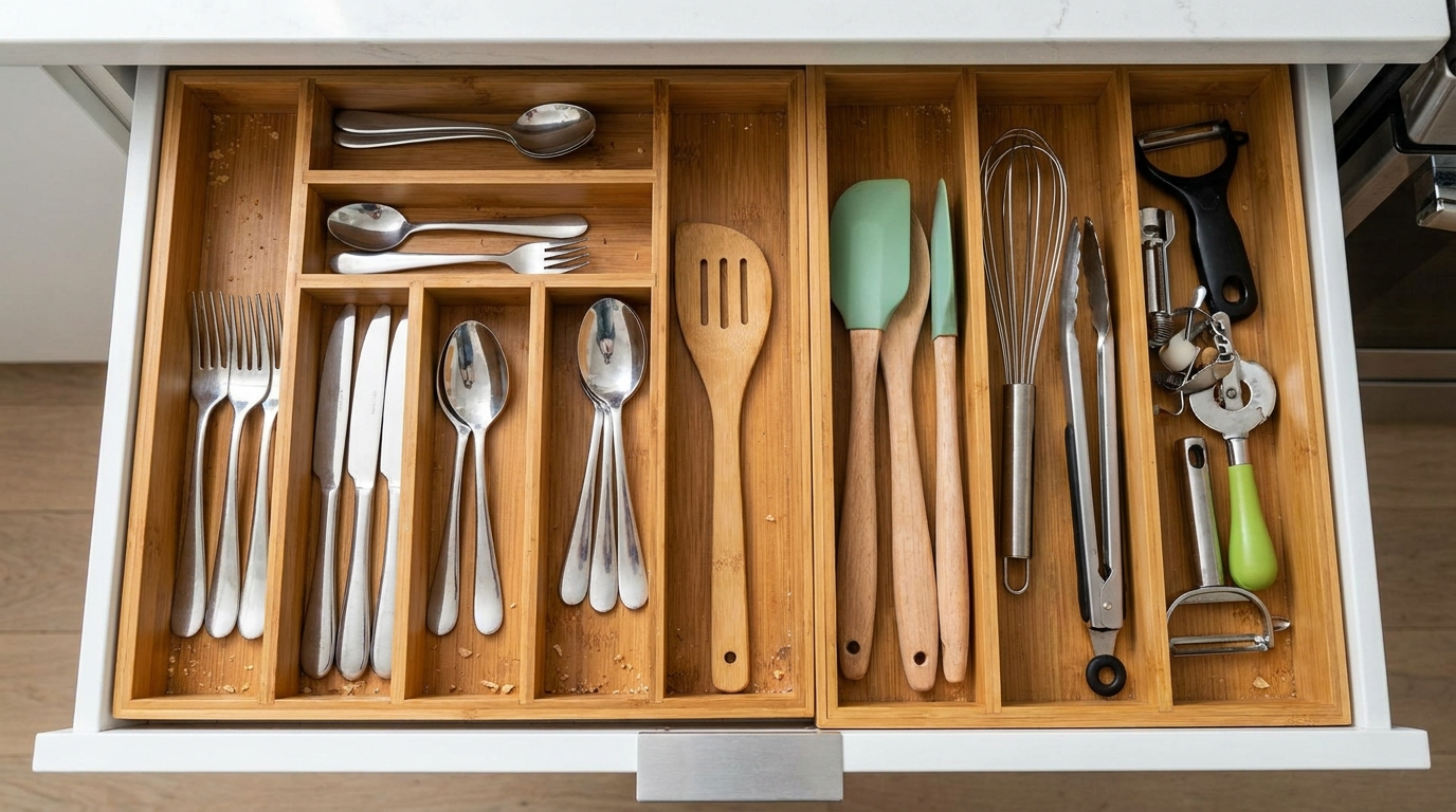 Custom bamboo utensil organizer dividers holding cutlery spatulas and gadgets in drawer