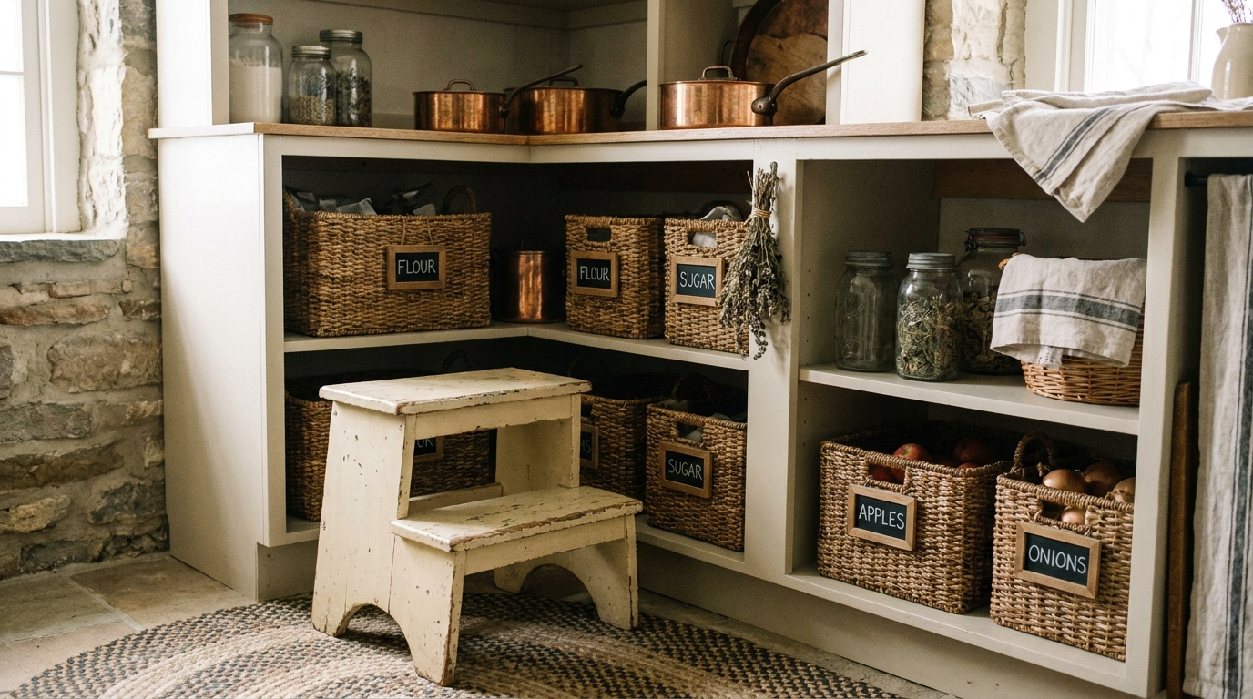 15 Genius Pantry Organization Ideas for a Chef-Ready Kitchen Pantry corner with a vintage step stool and chalkboard labels on baskets