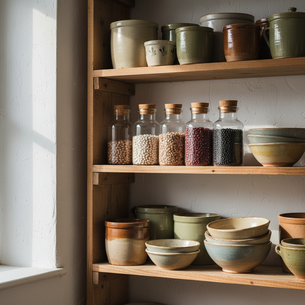 15 Cottagecore Kitchen Ideas That'll Make You Want to Bake Bread All Weekend (Wait Until You See #7!) Open Wooden Shelves Stacked with Stoneware — cottagecore kitchen ideas inspiration