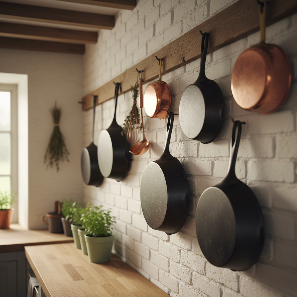 15 Cottagecore Kitchen Ideas That'll Make You Want to Bake Bread All Weekend (Wait Until You See #7!) The Cast-Iron Skillet Wall Display — cottagecore kitchen ideas inspiration