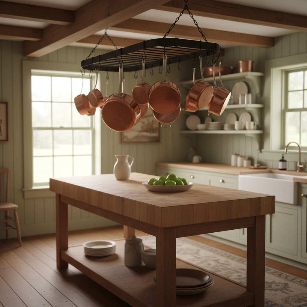 15 Cottagecore Kitchen Ideas That'll Make You Want to Bake Bread All Weekend (Wait Until You See #7!) Copper Pots Hanging Above a Farmhouse Island — cottagecore kitchen ideas inspiration