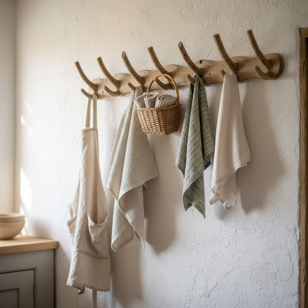 15 Cottagecore Kitchen Ideas That'll Make You Want to Bake Bread All Weekend (Wait Until You See #7!) An Apron-and-Towel Rail of Weathered Pegs — cottagecore kitchen ideas inspiration