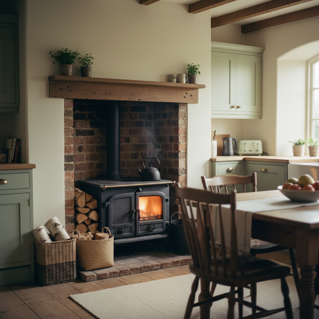 15 Cottagecore Kitchen Ideas That'll Make You Want to Bake Bread All Weekend (Wait Until You See #7!) A Wood-Burning Stove Styled with Woven Baskets — cottagecore kitchen ideas inspiration